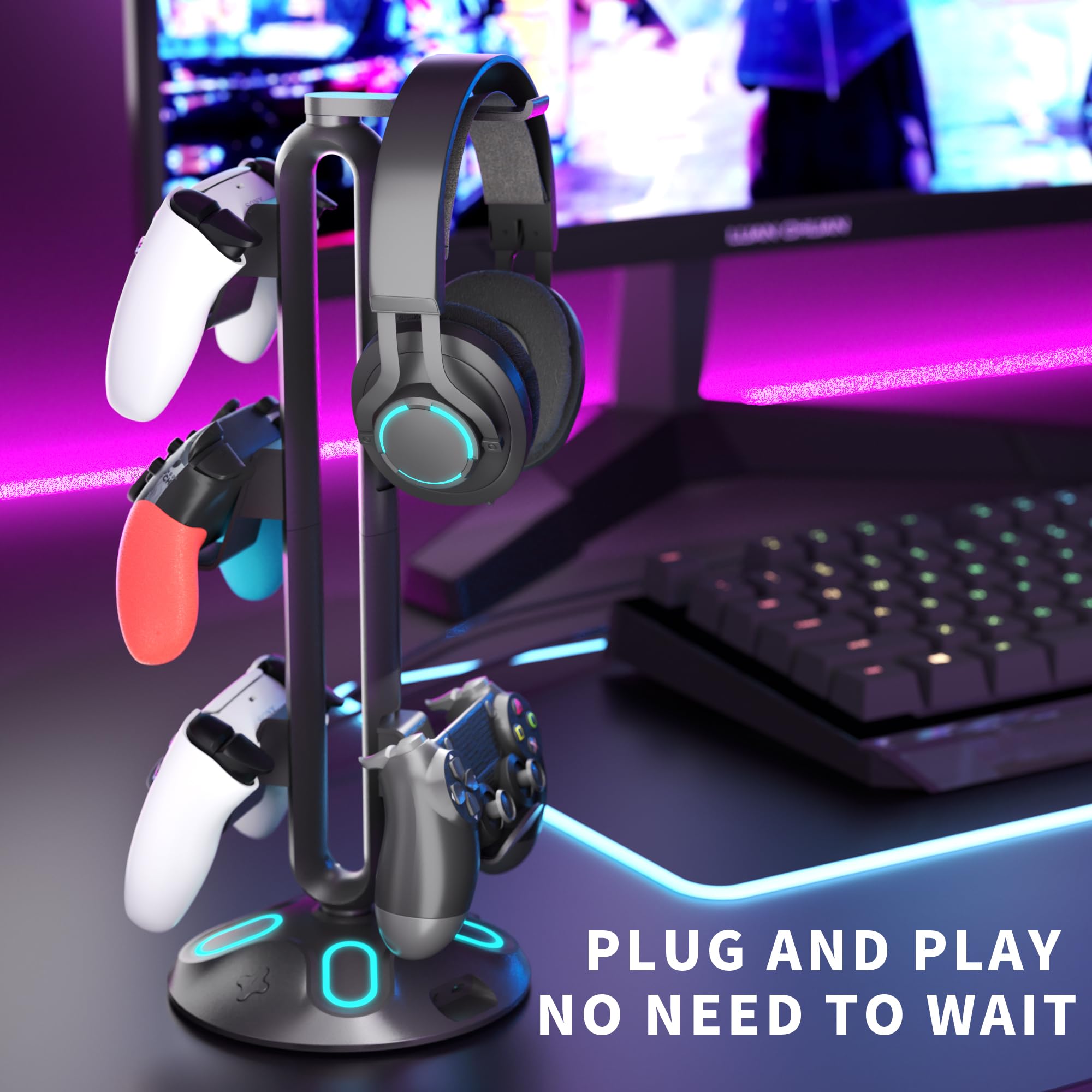 Gaming RGB Headphone Stand,Canmarin Controller Holder with 9 Light Modes - Headset Stand with 2 USB Charging Ports and 3.5mm & Type-C - Controller Stand Hanger Accessories for Desk and Gamer(Black) A