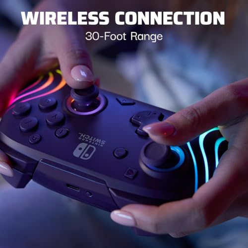 PDP Afterglow™ Wave Enhanced Wireless Nintendo Switch Pro Controller, 8 Colors RGB LED, Dual Programmable Gaming Buttons, 40 Hour Rechargeable Battery Power, Officially Licensed by Nintendo: Purple