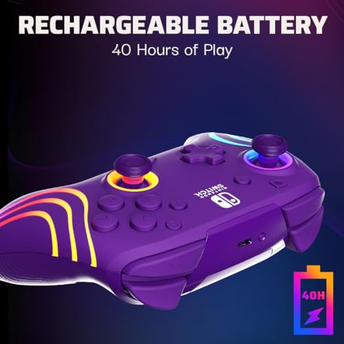 PDP Afterglow™ Wave Enhanced Wireless Nintendo Switch Pro Controller, 8 Colors RGB LED, Dual Programmable Gaming Buttons, 40 Hour Rechargeable Battery Power, Officially Licensed by Nintendo: Purple