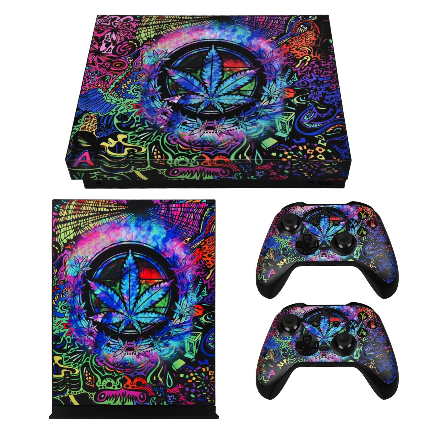 eXtremeRate Full Set Faceplates Skin Stickers for Xbox One X Console Controller with 2 Pcs Home Button Decals - Psychedelic Cannabis