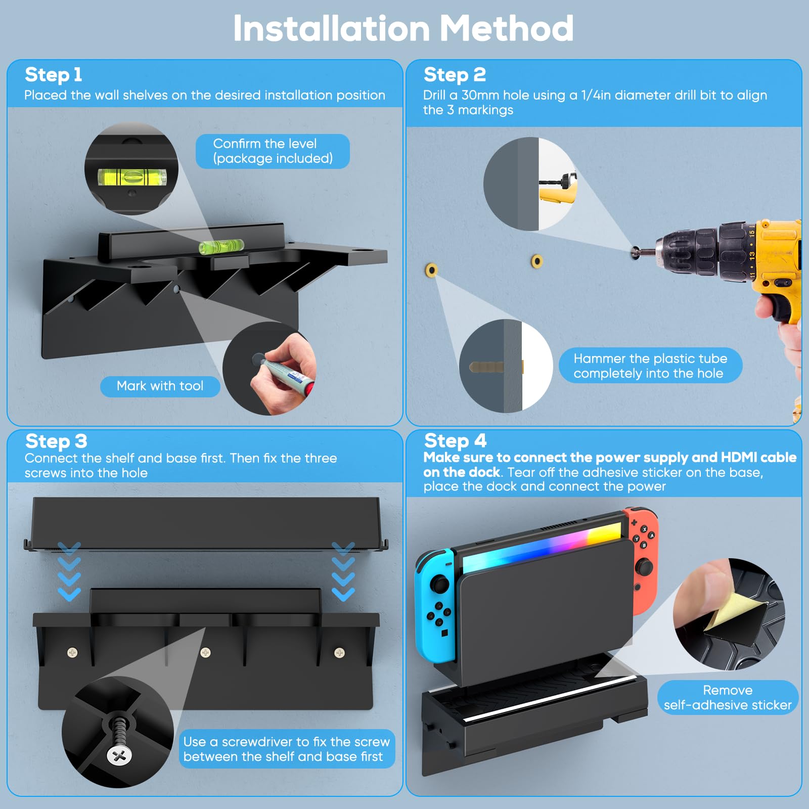 RGB Switch Wall Mount Kit for Nintendo Switch and OLED, Switch Dock Console Holder Stand, Switch Accessories with 7 Light Modes, 7 Card Slots, 4 Joy Con Hangers, 2 USB Ports, Behind TV, Graphite Black