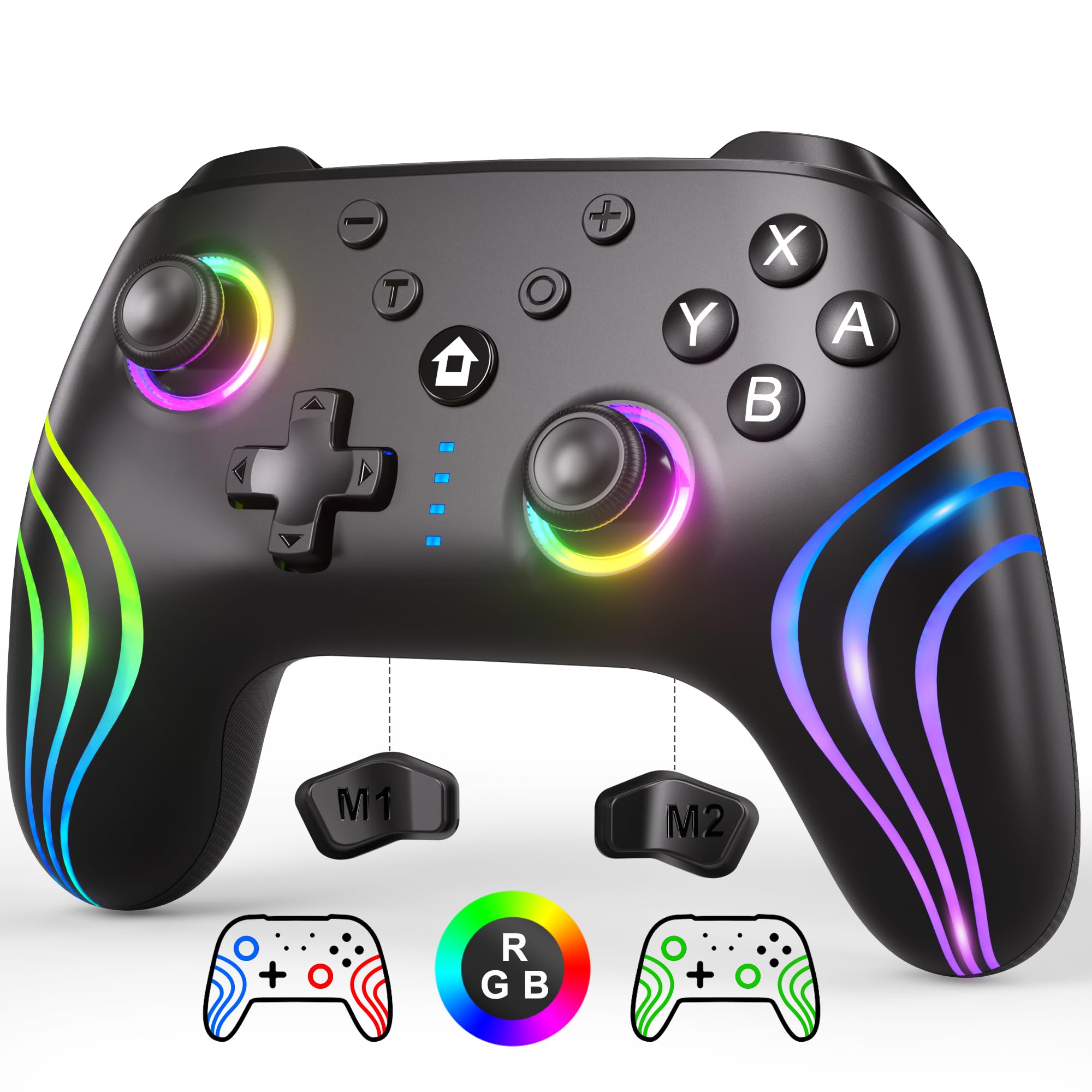 SWANPOW Switch Controllers Compatible with Switch/Lite/OLED, Wireless Switch Pro Controller with Full RGB Line Breathing LED, Programmable, 6-Axis, Adjustable Turbo, 4-Speed Dual Vibration, Wake Up