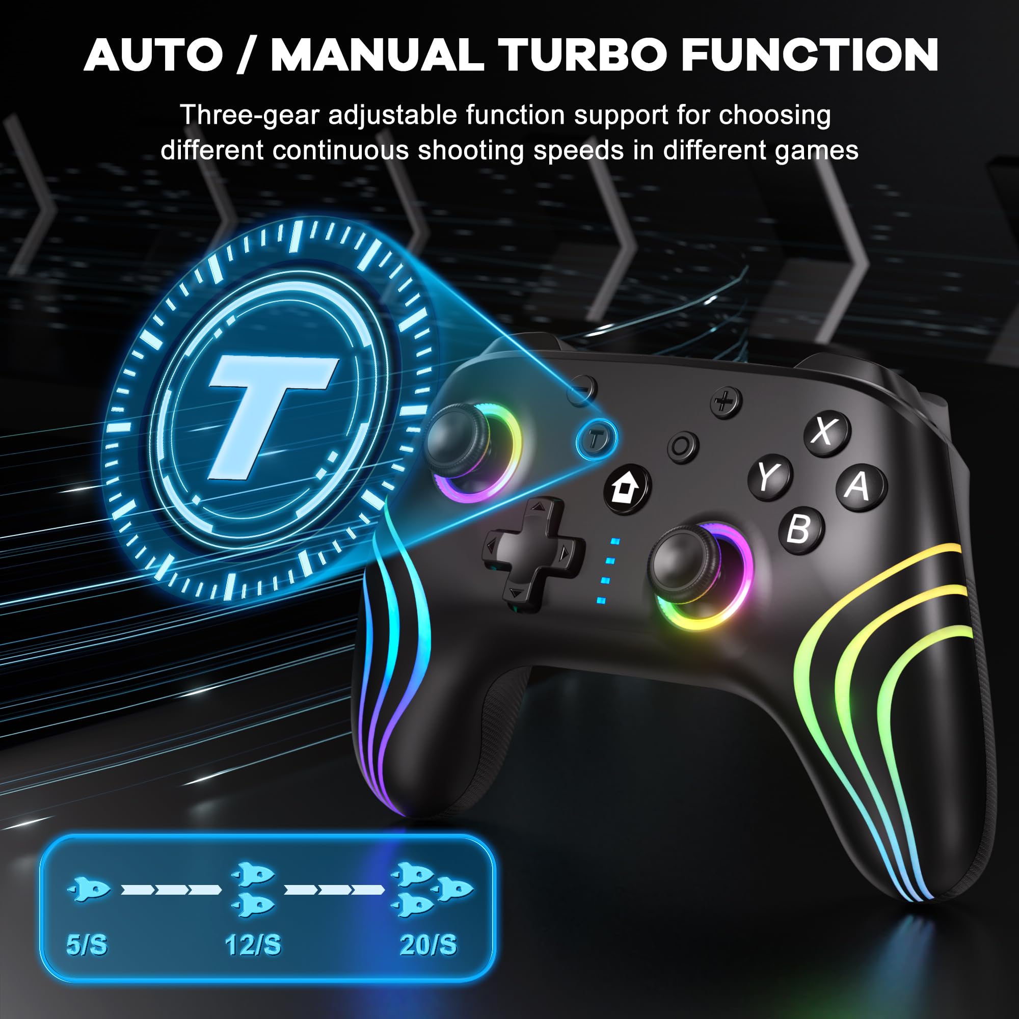 SWANPOW Switch Controllers Compatible with Switch/Lite/OLED, Wireless Switch Pro Controller with Full RGB Line Breathing LED, Programmable, 6-Axis, Adjustable Turbo, 4-Speed Dual Vibration, Wake Up