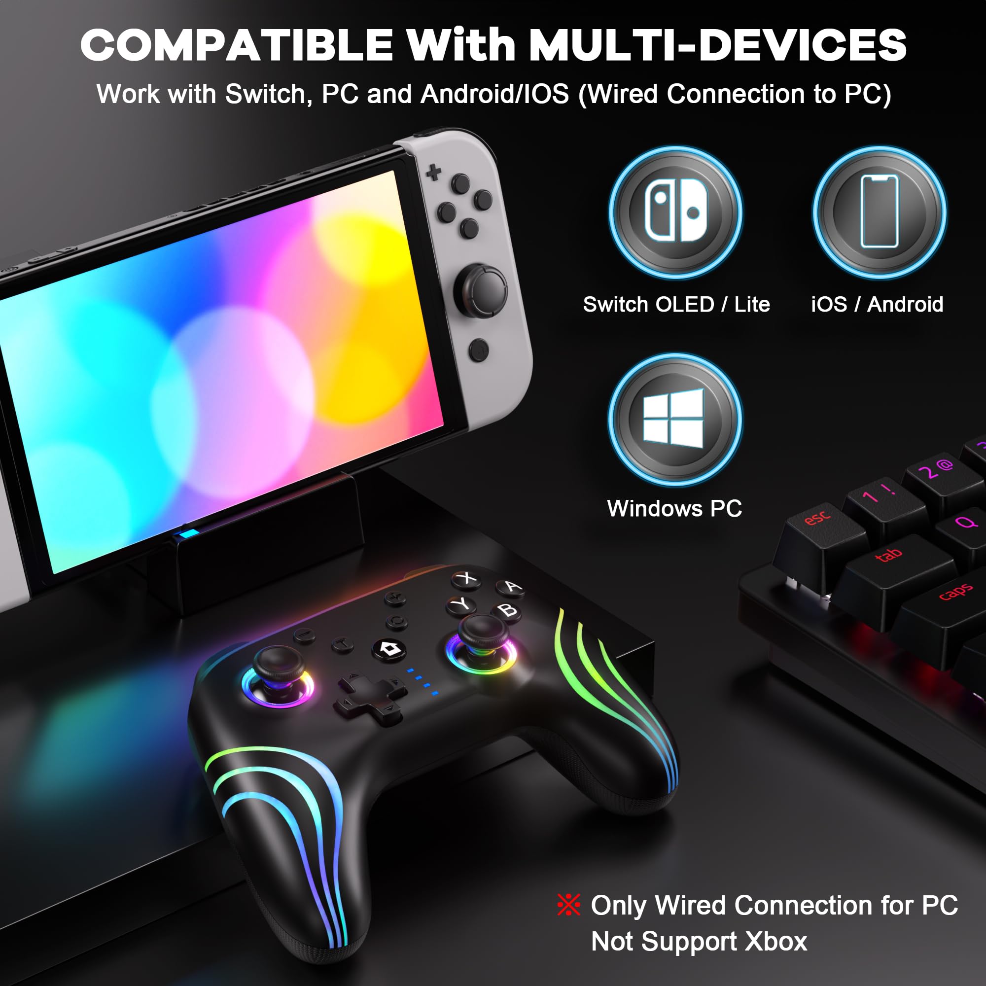 SWANPOW Switch Controllers Compatible with Switch/Lite/OLED, Wireless Switch Pro Controller with Full RGB Line Breathing LED, Programmable, 6-Axis, Adjustable Turbo, 4-Speed Dual Vibration, Wake Up