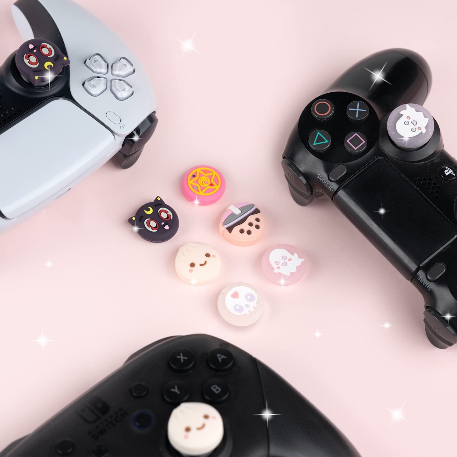 BelugaDesign Moon Anime Cat Thumb Grips | Luna Cute Pink Blue Joystick Button Caps | Compatible with Playstation PS5 PS4 Xbox Switch Pro Controllers