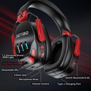 Wireless Gaming Headset 2.4GHz USB & Type-C Gaming Headphones for PC, PS4, PS5, Switch, Bluetooth 5.3 Gaming Headset with Detachable Noise Cancelling Microphone