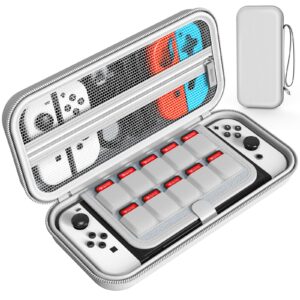mooroer switch carrying case compatible with nintendo switch/switch oled console, white protective hard portable switch travel case shell pouch with 10 games cartridges for accessories and games