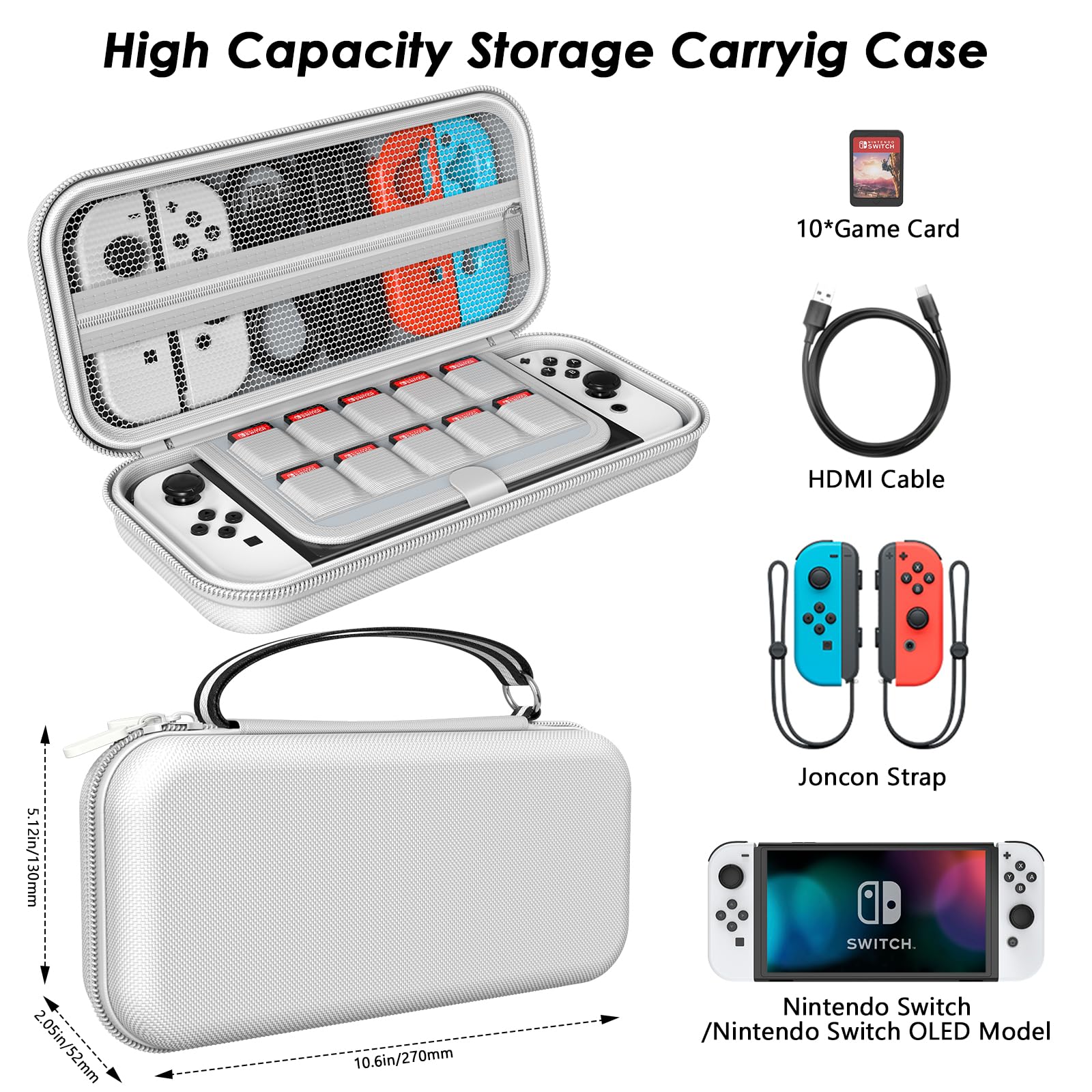 Mooroer Switch Carrying Case Compatible with Nintendo Switch/Switch OLED Console, White Protective Hard Portable Switch Travel Case Shell Pouch with 10 Games Cartridges for Accessories and Games