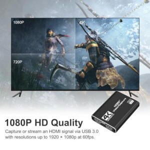 4K HDMI Capture Card for Streaming, Full HD 1080P 60FPS USB Cam Link Game Audio Video Capture Card Nintendo Switch/PS5/3ds/Xbox/PS4 (Black)