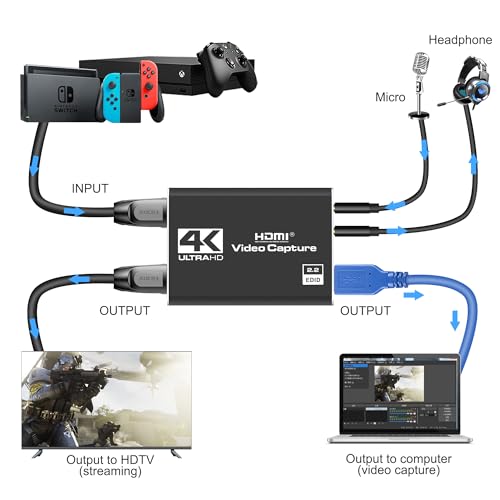 4K HDMI Capture Card for Streaming, Full HD 1080P 60FPS USB Cam Link Game Audio Video Capture Card Nintendo Switch/PS5/3ds/Xbox/PS4 (Black)