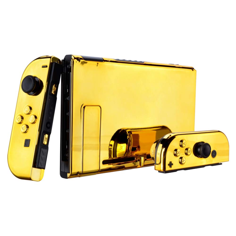 eXtremeRate DIY Replacement Shell Buttons for Nintendo Switch, Back Plate for Switch Console, Housing with Full Set Buttons for Joycon Handheld Controller - Chrome Gold [No Electronics Parts]