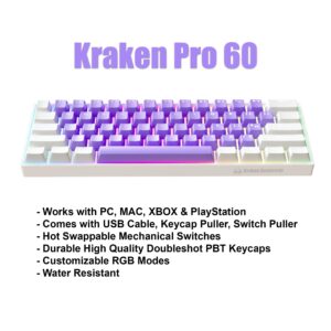 KRAKEN KEYBOARDS PURPLE CLOUD Edition Kraken Pro 60 | White & Purple 60% HOT SWAPPABLE Mechanical Gaming Keyboard for Gaming On PC, Xbox, Playstation & MAC (Purple Cloud | Silver Switches)