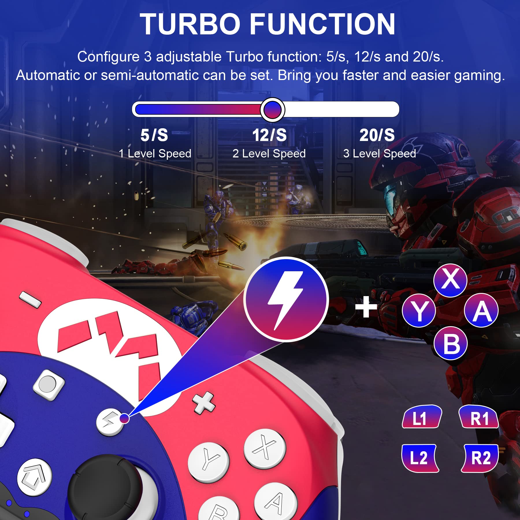 FLIEEP Switch Controller - Wireless Switch Pro Controller for Switch/Switch Lite/Switch OLED with 3 Levels Turbo Function, 4 Levels Adjustable Vibration, Six-Axis Motion Control, One-Key Wake up