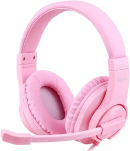 meedasy kids adults over-ear gaming headphone for xbox one, bass surrounding stereo, ps4 gaming headset with microphone and volume control for laptop, pc, wired noise isolation (pink)