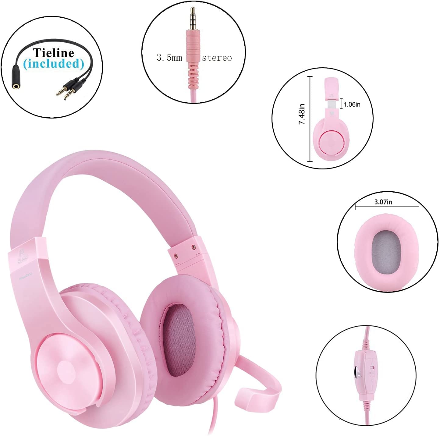 Meedasy Kids Adults Over-Ear Gaming Headphone for Xbox One, Bass Surrounding Stereo, PS4 Gaming Headset with Microphone and Volume Control for Laptop, PC, Wired Noise Isolation (Pink)