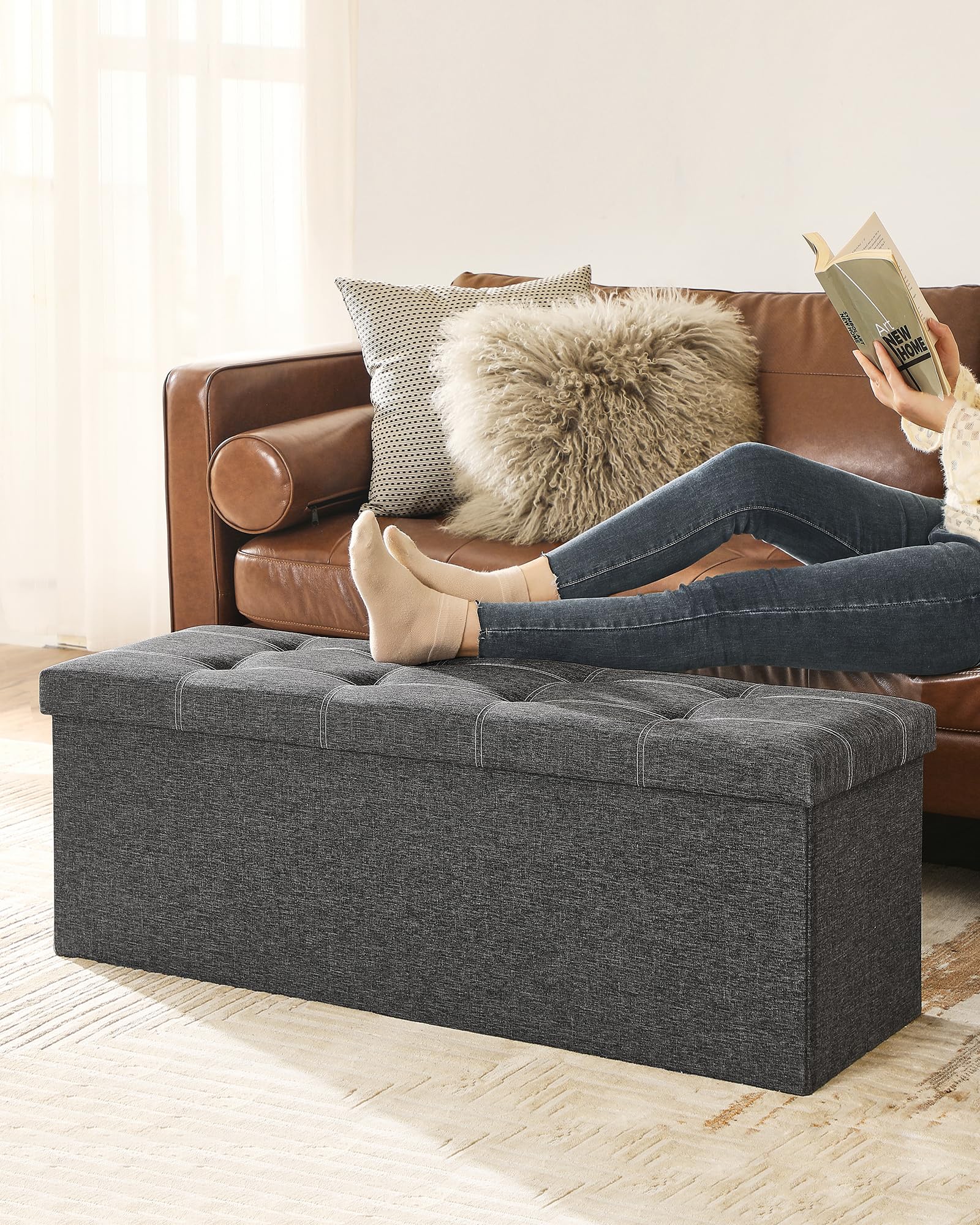 SONGMICS Ottoman Storage Bench, 35 Gal. Folding Chest with Breathable Linen-Look Fabric, Holds 660 lb, for Entryway, Living Room, Bedroom, Dark Gray ULSF077G04