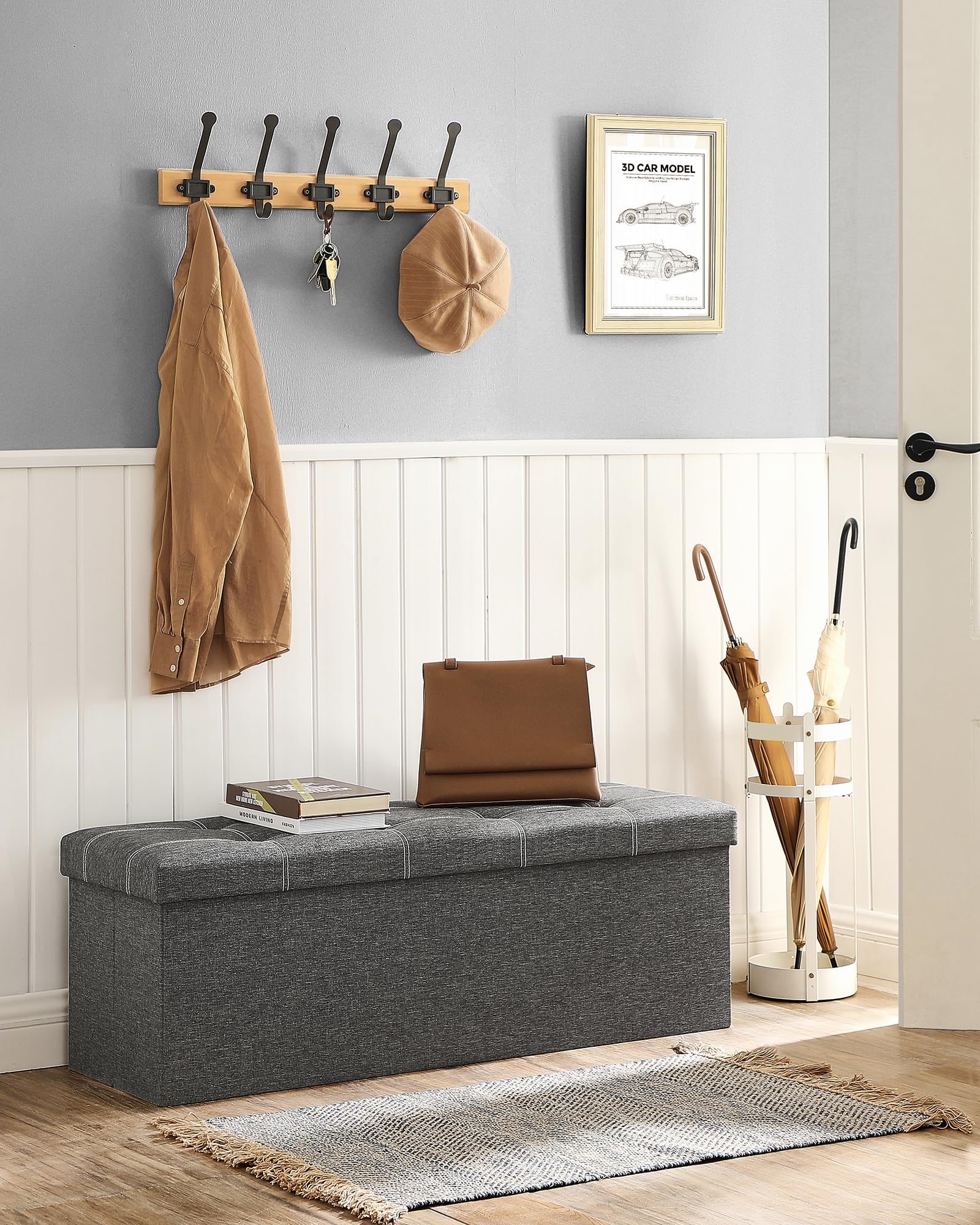 SONGMICS Ottoman Storage Bench, 35 Gal. Folding Chest with Breathable Linen-Look Fabric, Holds 660 lb, for Entryway, Living Room, Bedroom, Dark Gray ULSF077G04