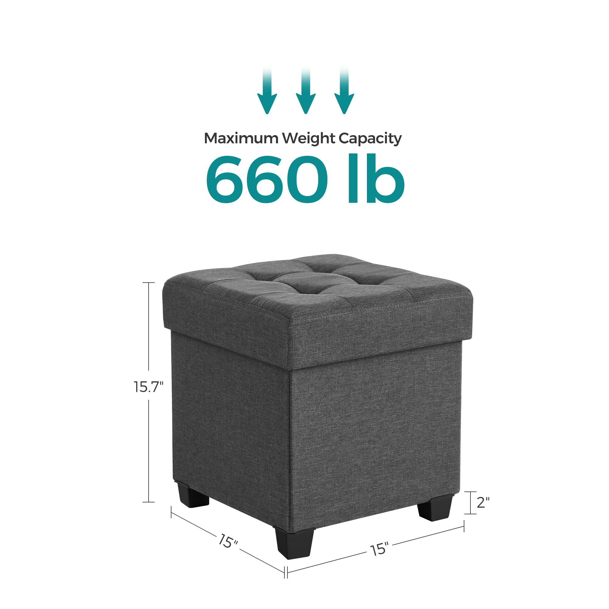 SONGMICS 15 Inches Cube Storage Ottoman, Bedroom Bench with Storage, Foot Stool with Feet, Holds Up to 660 lb, Dark Gray ULSF14GYZ