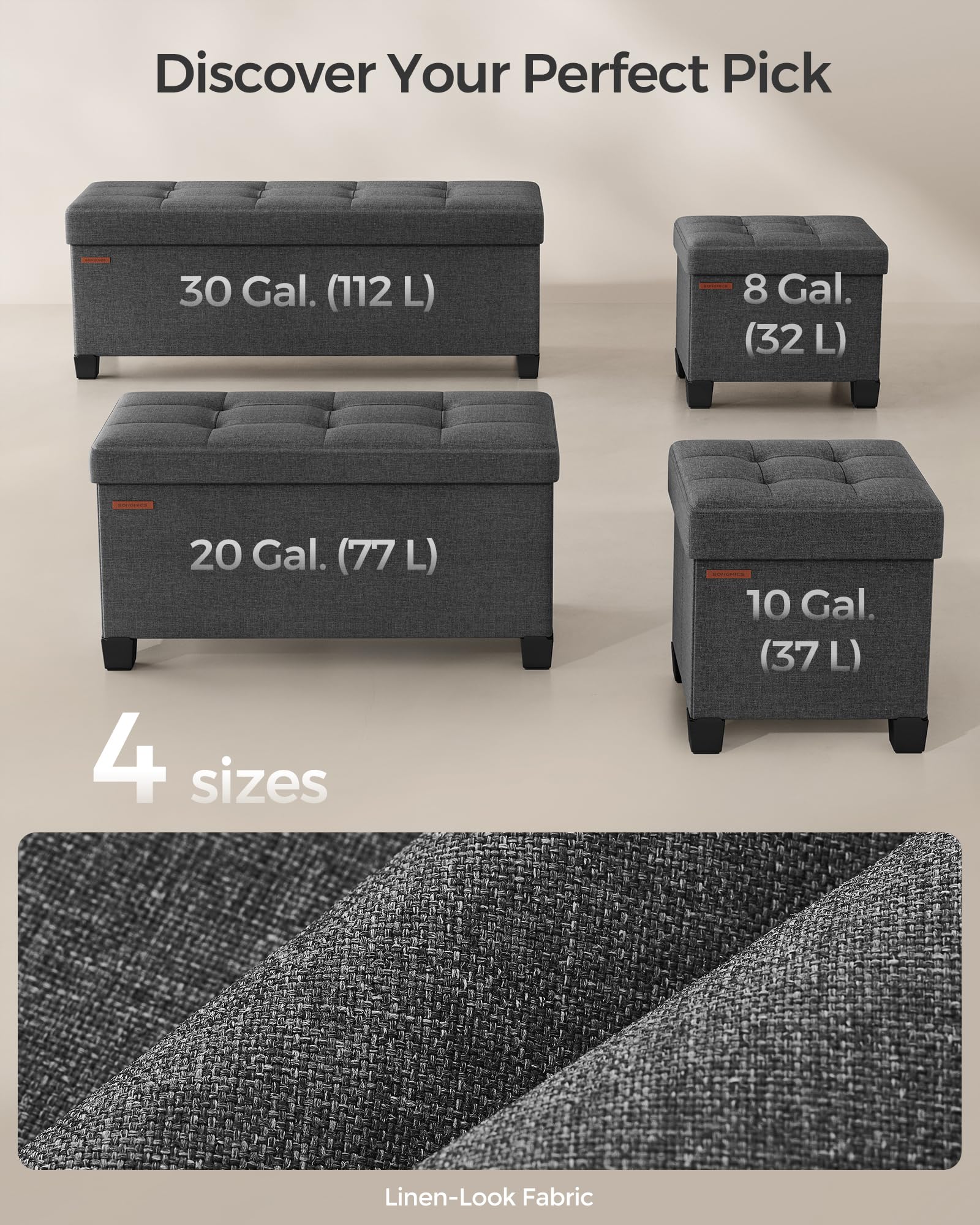 SONGMICS 15 Inches Cube Storage Ottoman, Bedroom Bench with Storage, Foot Stool with Feet, Holds Up to 660 lb, Dark Gray ULSF14GYZ