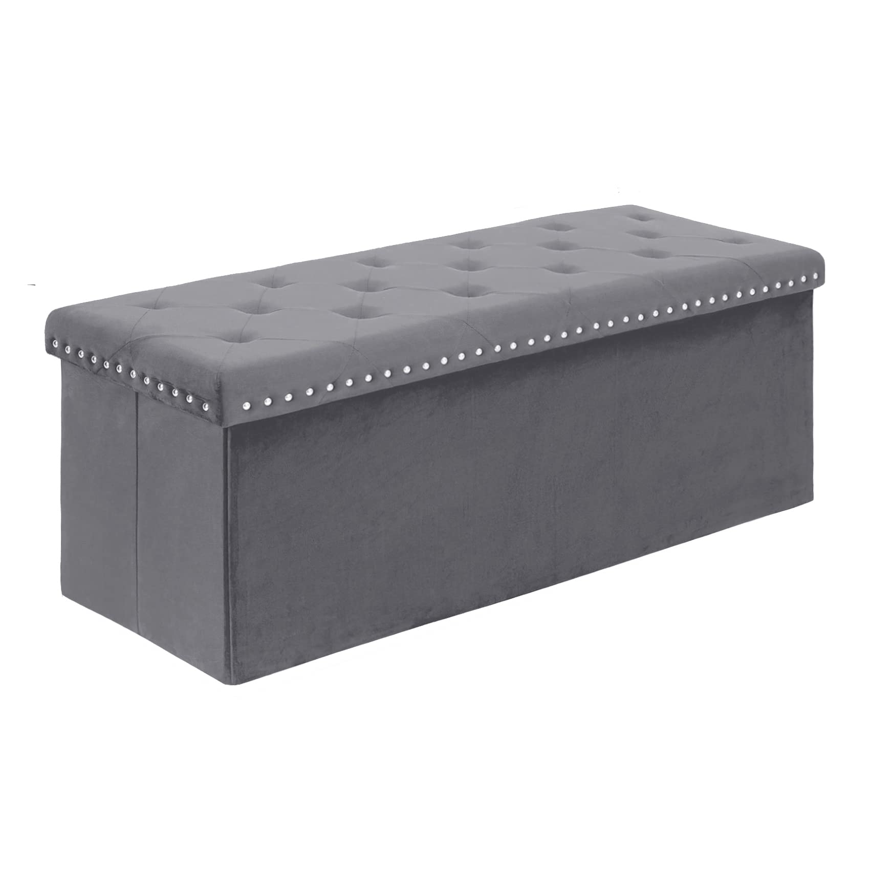 B FSOBEIIALEO Storage Ottoman Bench, Folding Tufted Ottomans with Storage, Extra Large 140L Toy Chest Storage Boxes Footrest Bench for Bedroom, Luxury Velvet Fabric 43 Inches Grey