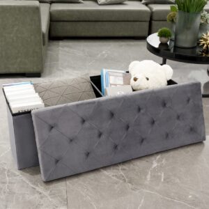 B FSOBEIIALEO Storage Ottoman Bench, Folding Tufted Ottomans with Storage, Extra Large 140L Toy Chest Storage Boxes Footrest Bench for Bedroom, Luxury Velvet Fabric 43 Inches Grey