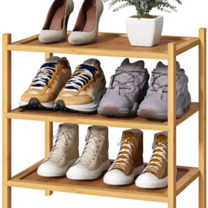 kiplant Small Shoe Rack, Bamboo Wood Shoe Rack for Entryway, Stackable | Foldable | Natural, 3-Tier Shoe Organizer for Hallway Closet, Free Standing Shoe Racks for Indoor & Outdoor