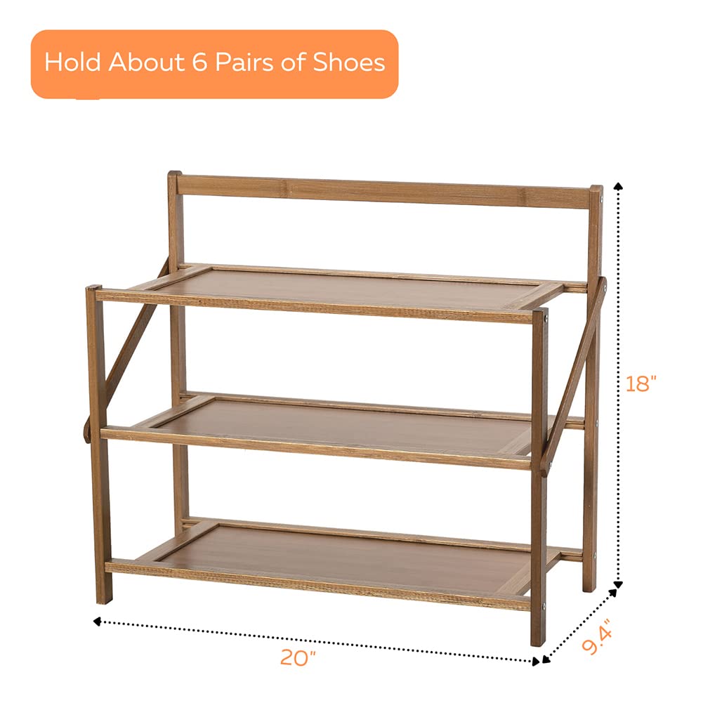 Small 3-Tier Shoe Rack for Closet & Entryway, Installation-Free Foldable Bamboo Shoes Storage Organizer, Sturdy Free Standing Three Shelf Shoe Stand for 6-9 Pairs, Brown 20x18x9 Inches