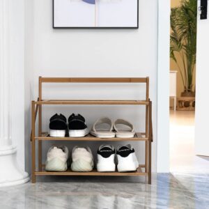 Small 3-Tier Shoe Rack for Closet & Entryway, Installation-Free Foldable Bamboo Shoes Storage Organizer, Sturdy Free Standing Three Shelf Shoe Stand for 6-9 Pairs, Brown 20x18x9 Inches