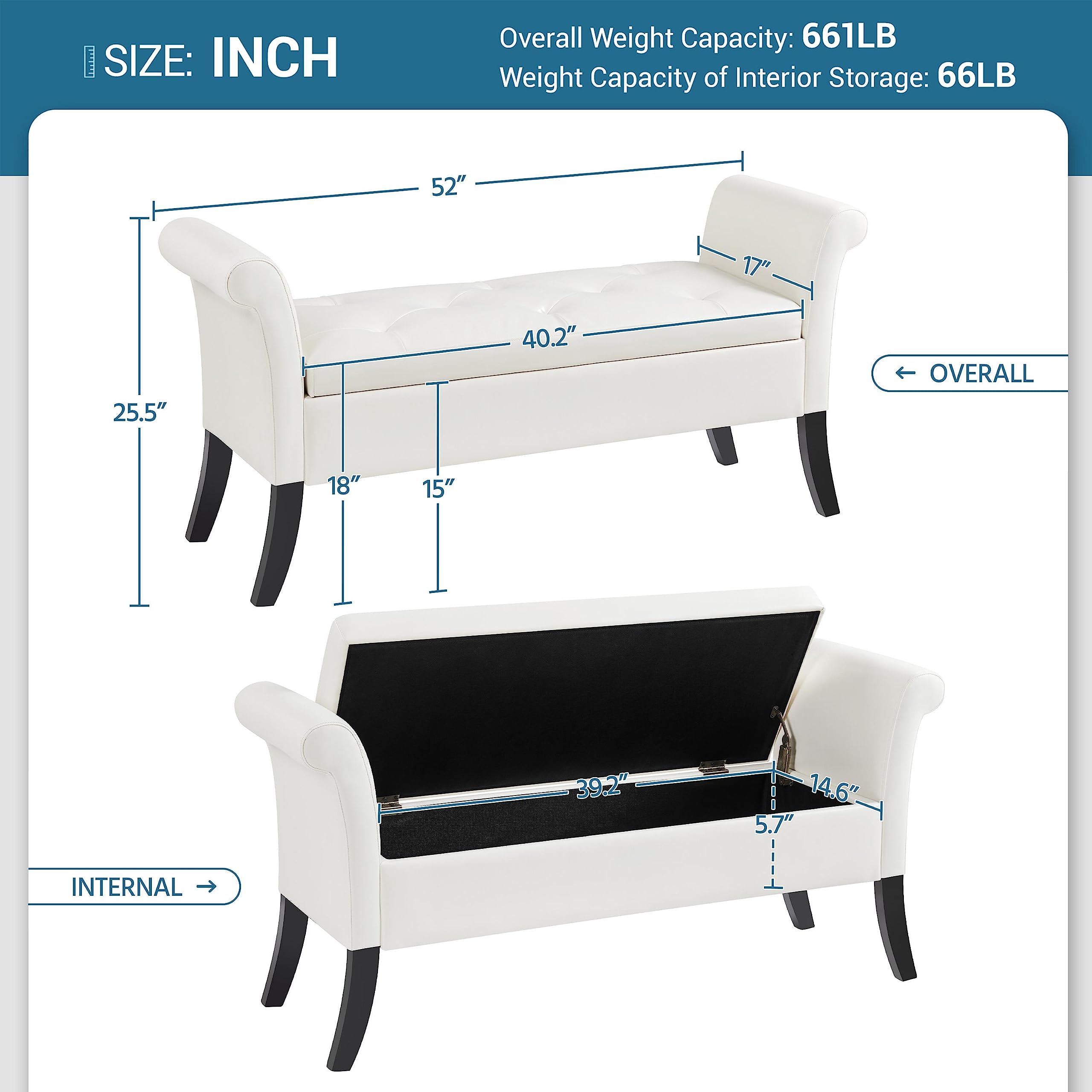 Yaheetech 52in Ottoman Bench Folding Storage Ottoman Bench Tufted Faux Leather Entryway Bench with Arms Footstool with Large Storage Foot Rest Seat Rolled Arms Cushioned Ottoman White