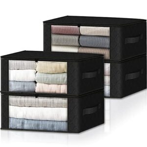 HomeHacks Storage 4-Pack Clothes Organizer Storage Bags Foldable Storage Box with Large Clear Window Sturdy Handles for Closet, Dorm, Pillows, Bedding, Clothes, Stuffed Toys, Blankets, 35L, Black