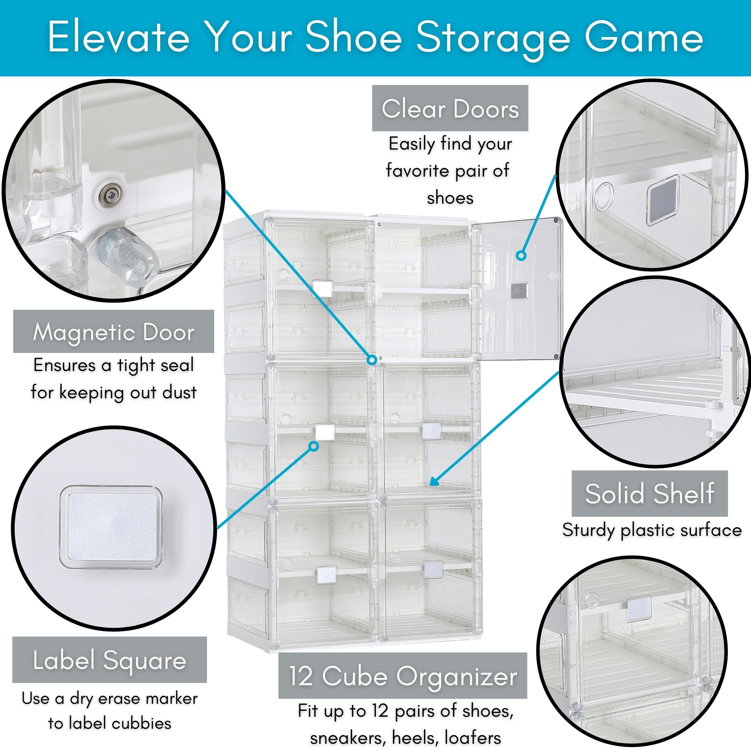 BIRDROCK HOME Shoe Rack Organizer for Closet Floor | 6 Tiers Freestanding | 12 Small Storage Cubes & Door | Foldable Storage Cabinet | Fits a Variety of Shoes: Heels, Sneakers, Loafers, or Sandals