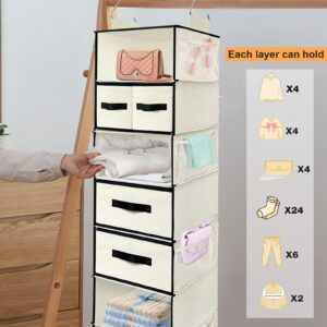 homyfort Hanging Closet Organizer with 5 Drawers and storage - 7 Shelves Organization, Foldable & Heavy Duty Clothes Storage for Wardrobe, Closet, Dorm, (49.6" H, Beige)