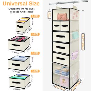 homyfort Hanging Closet Organizer with 5 Drawers and storage - 7 Shelves Organization, Foldable & Heavy Duty Clothes Storage for Wardrobe, Closet, Dorm, (49.6" H, Beige)