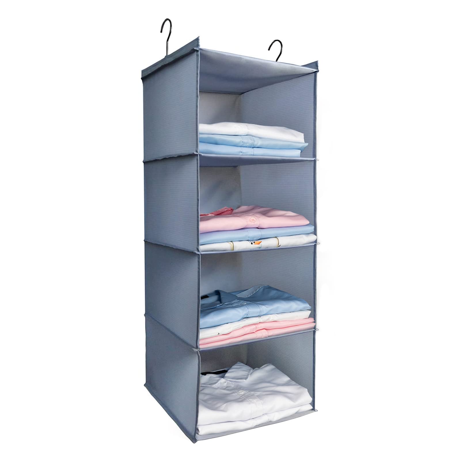 DonYeco Hanging Closet Organizer, Easy Mount Foldable 4-Shelf Hanging Closet Wardrobe Storage Shelves, Clothes Handbag Shoes Accessories Storage, Washable Oxford Cloth Fabric, Gray
