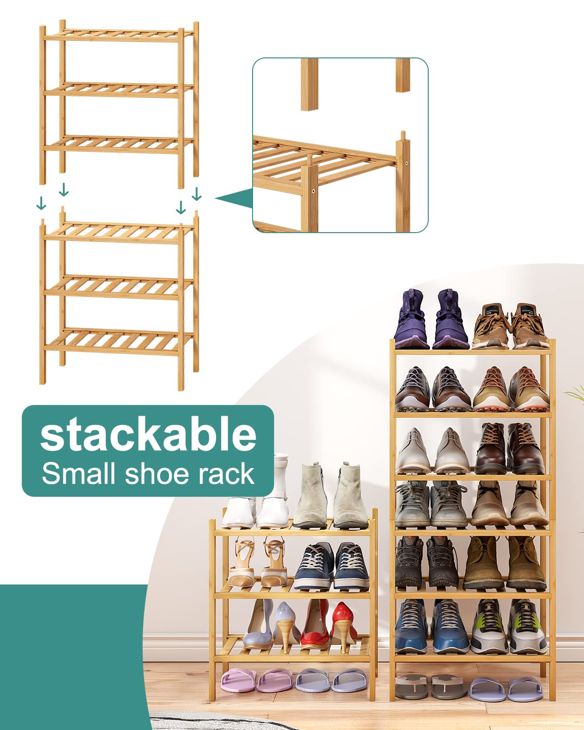 viewcare Small Shoe Rack, 6-Tier Shoe Rack for Entryway, Bamboo Wood Shoe Rack for Closet & Hallway, Long 17.2IN | Beautiful | Functional | Sturdy | Durable