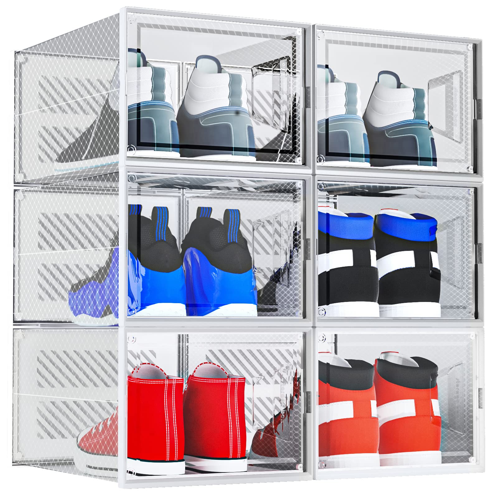 ateboane XX-Large Foldable Shoe Storage Boxes,6 Pack Shoe Boxes Clear Plastic Stackable,Shoe Organizer for Closet,Boot Storage,Sneaker Storage for Sneakerheads Fit for Men/Women US Size 14