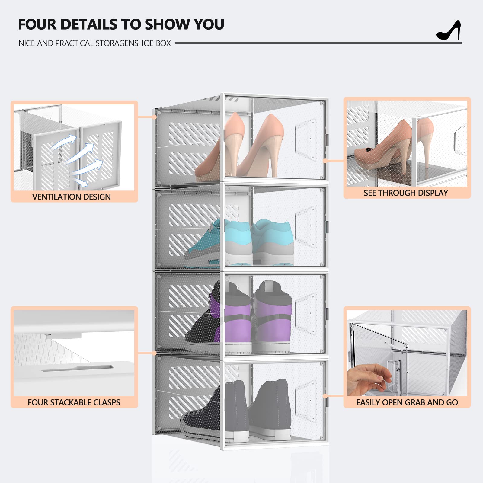 ateboane XX-Large Foldable Shoe Storage Boxes,6 Pack Shoe Boxes Clear Plastic Stackable,Shoe Organizer for Closet,Boot Storage,Sneaker Storage for Sneakerheads Fit for Men/Women US Size 14