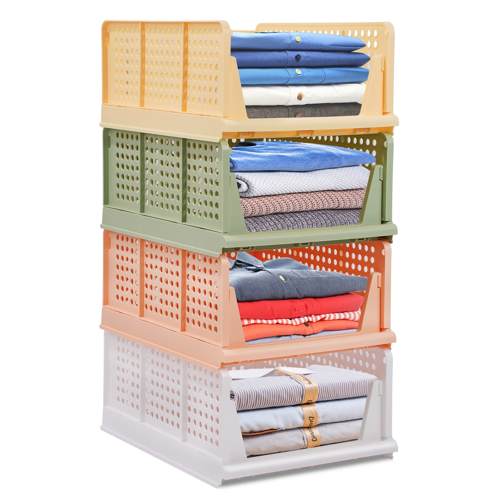 4-Pack Folding Wardrobe Storage Box Plastic Drawer Organizer Stackable Shelf Baskets Cloth Closet Container Bin Cube Home Office Bedroom Laundry Drawer Dividers for Clothes Toy Organization (Colorful)