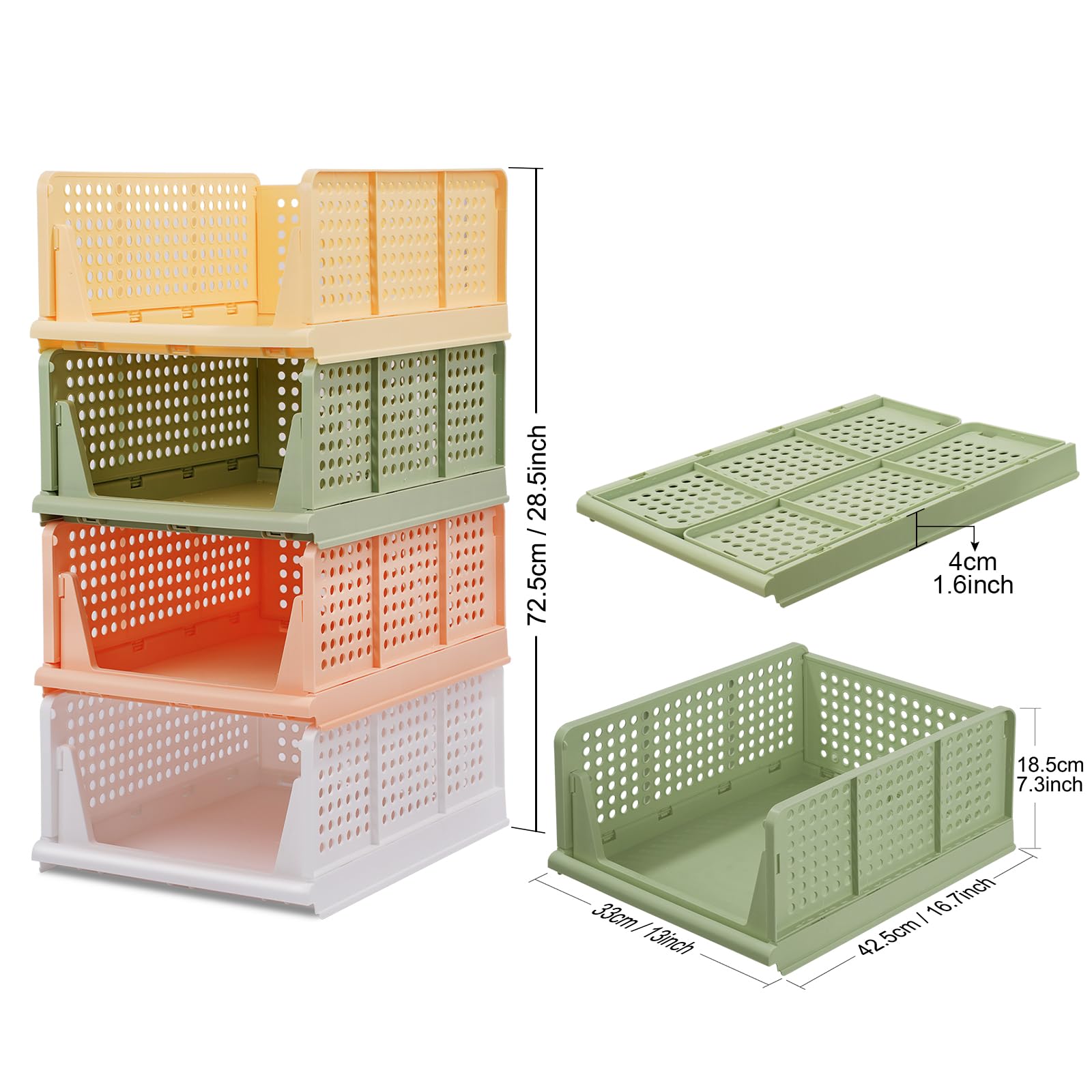 4-Pack Folding Wardrobe Storage Box Plastic Drawer Organizer Stackable Shelf Baskets Cloth Closet Container Bin Cube Home Office Bedroom Laundry Drawer Dividers for Clothes Toy Organization (Colorful)