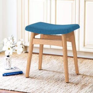 LUE BONA Foot Stool, Saddle Cushion Vanity Stool, Modern Concave Ottoman with Solid Wood Legs and Upholstered Seat for Entryway, Bedroom, Patio, Living Room, 17", Blue