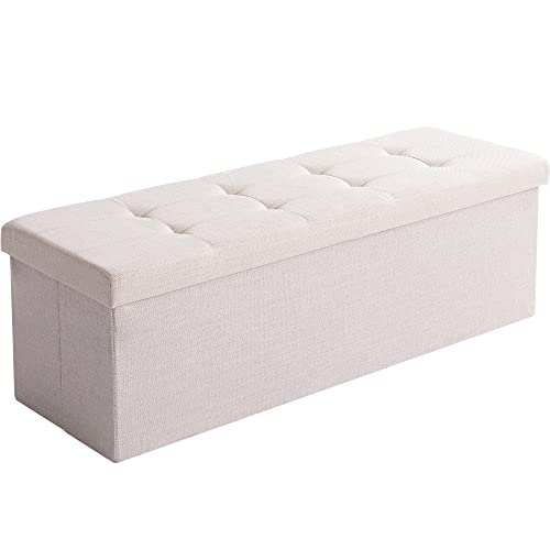 CUYOCA 45.3 Inches Storage Ottoman Bench Foldable Seat Footrest Shoe Bench End of Bed Storage, 166L Storage Upholstered Tufted Bench, Linen Fabric Cream