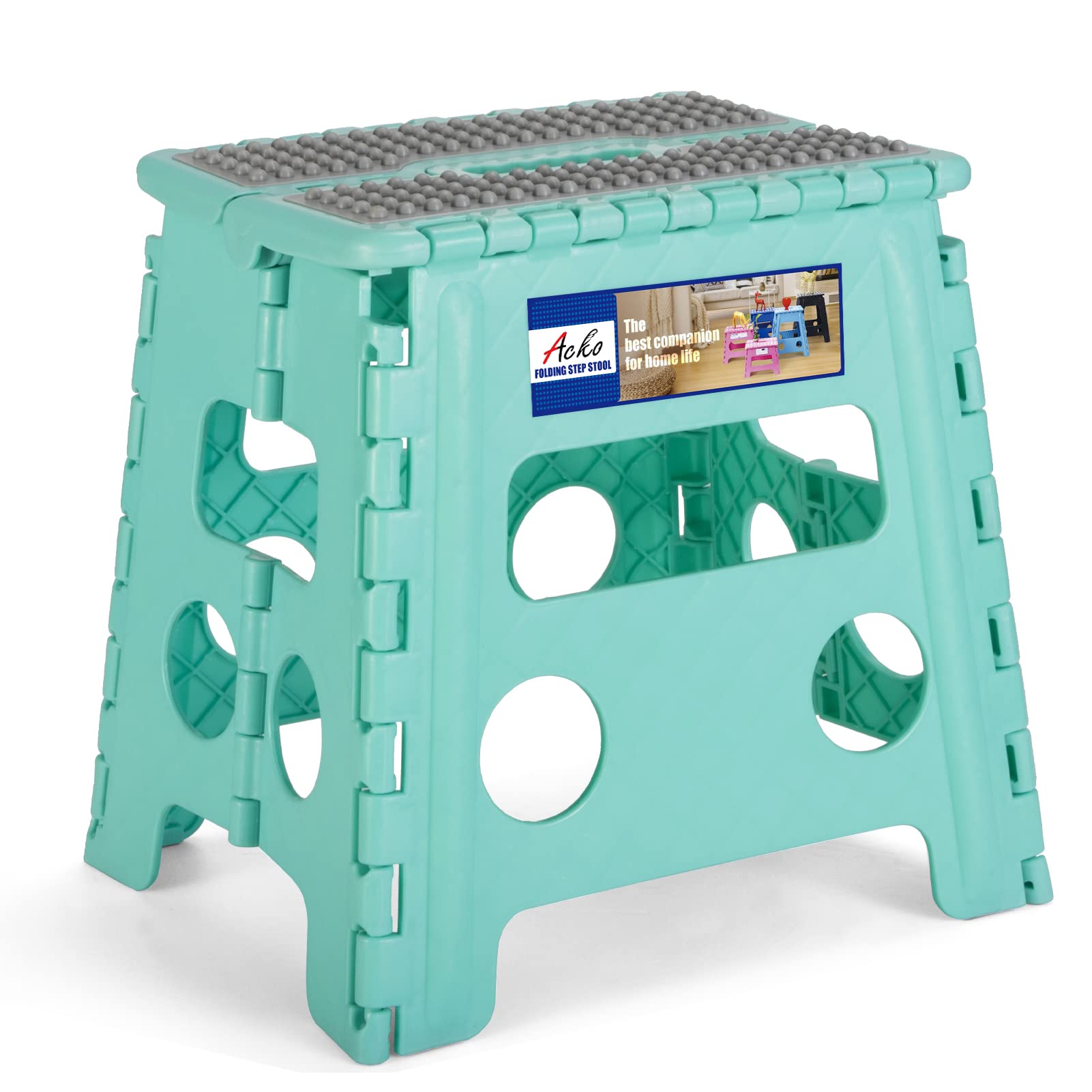 ACKO Folding Step Stool 13 Inch Stool Heavy Duty Plastic Foldable Step Stools for Kids, Stepping Stool with Handle, Folding Stool Suitable for Kitchen Hold Up to 300 LB (Teal 1PC)