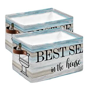 Storage Bins Cubes Waterproof Cloth Storage Basket, Best Seat in the House Foldable Storage Bags for Shelf Closet Clothes Storage Organizers with Handles 15x11x9.5 in Vintage Wooden Plank