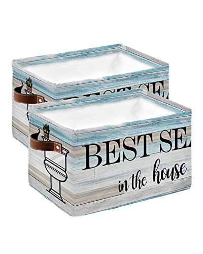 Storage Bins Cubes Waterproof Cloth Storage Basket, Best Seat in the House Foldable Storage Bags for Shelf Closet Clothes Storage Organizers with Handles 15x11x9.5 in Vintage Wooden Plank