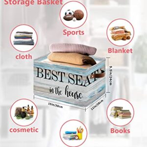 Storage Bins Cubes Waterproof Cloth Storage Basket, Best Seat in the House Foldable Storage Bags for Shelf Closet Clothes Storage Organizers with Handles 15x11x9.5 in Vintage Wooden Plank