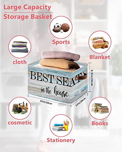 Storage Bins Cubes Waterproof Cloth Storage Basket, Best Seat in the House Foldable Storage Bags for Shelf Closet Clothes Storage Organizers with Handles 15x11x9.5 in Vintage Wooden Plank