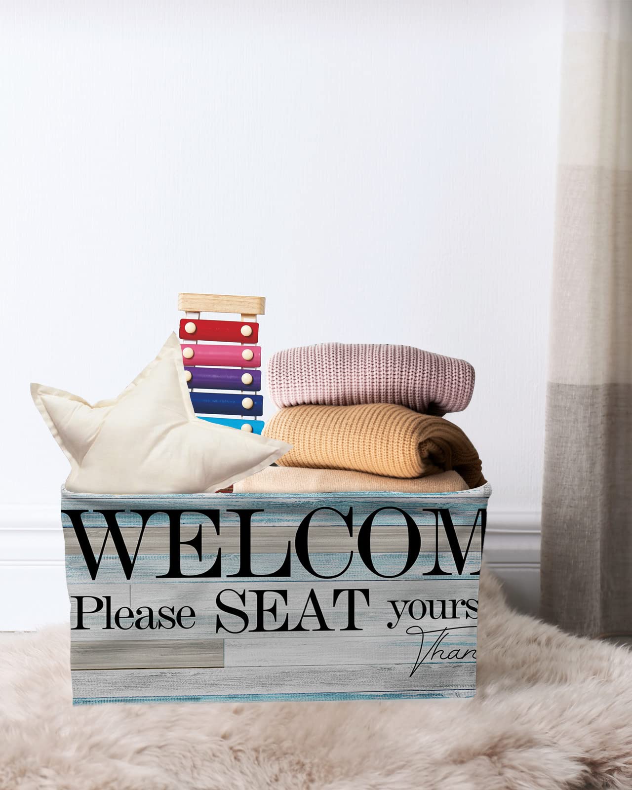 Storage Bins Cubes Waterproof Storage Basket, Welcome Please Seat Yourself Foldable Storage Bags for Shelf Closet Clothes Storage Organizers with Handles 15x11x9.5 in Vintage Wooden Plank