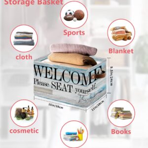 Storage Bins Cubes Waterproof Storage Basket, Welcome Please Seat Yourself Foldable Storage Bags for Shelf Closet Clothes Storage Organizers with Handles 15x11x9.5 in Vintage Wooden Plank