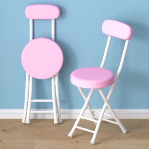 ALIXCE Bar Stool Foldable with Backrest Folding Chair Kitchen Stool with Round Padded Seat Cushion, Counter Stool with Footrest Folding Stool for Breakfast Bar Dining Room Living Room (Color : Pink)
