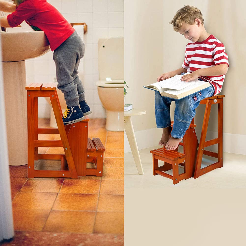 MYobu Step Ladder Home Step Stools Stairway Chair Step Stool Small Foot Stools Seats Wooden Ladder Staircase Multifunctional Folding Portable Household Closet Step Stools for Bedroom Clo